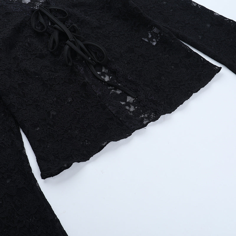 Fall-Ready Glam: Black Lace Tie-Front Bell Sleeve Crop Top – Sheer & Chic for Going Out