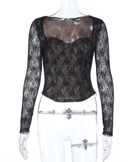 Elevate Your Style: Chic Black Lace Sweetheart Neck Long Sleeve Top - Fall & Holiday Ready