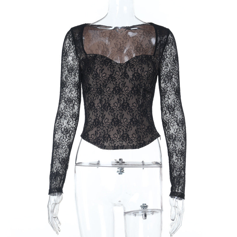 Elevate Your Style: Chic Black Lace Sweetheart Neck Long Sleeve Top - Fall & Holiday Ready