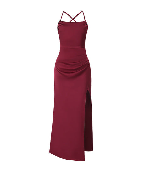 Elegant Wine Red Satin Maxi Dress | High Slit & Criss-Cross Back - Holiday & Evening Glamour