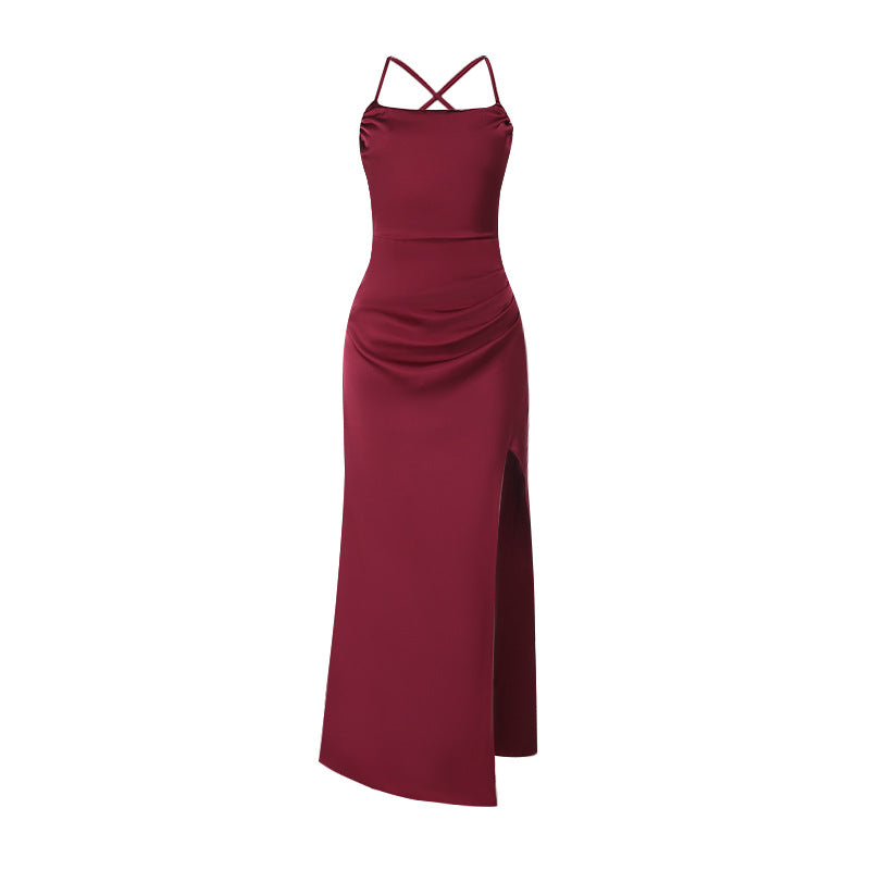 Elegant Wine Red Satin Maxi Dress | High Slit & Criss-Cross Back - Holiday & Evening Glamour