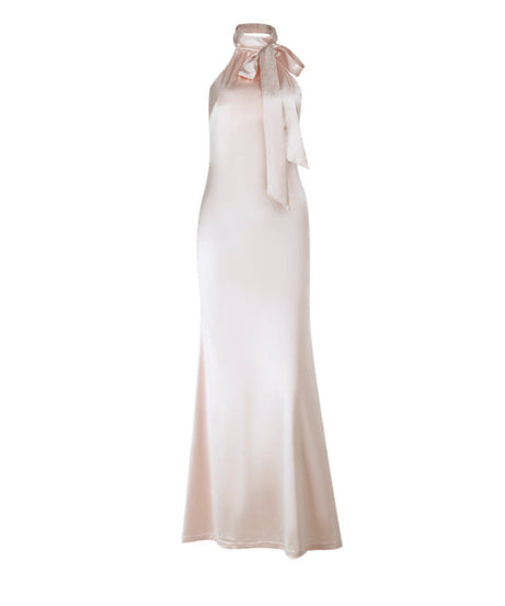 Radiant Blush Satin Halter Maxi Gown with Chic Bow Tie - Elegant Open Back for Holiday Galas & Weddings