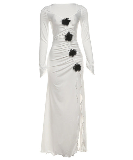 Gothic Chic Winter White Maxi Dress - Elegant Ruched Long Sleeve with High Slit & Floral Appliques for Holiday Parties