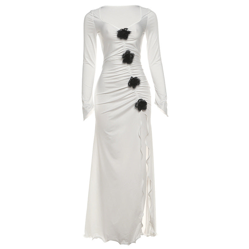 Gothic Chic Winter White Maxi Dress - Elegant Ruched Long Sleeve with High Slit & Floral Appliques for Holiday Parties