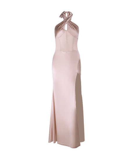 Glamorous Blush Satin Halter Maxi Dress | Corset Bodice & High Slit | Perfect for Holiday Parties & NYE
