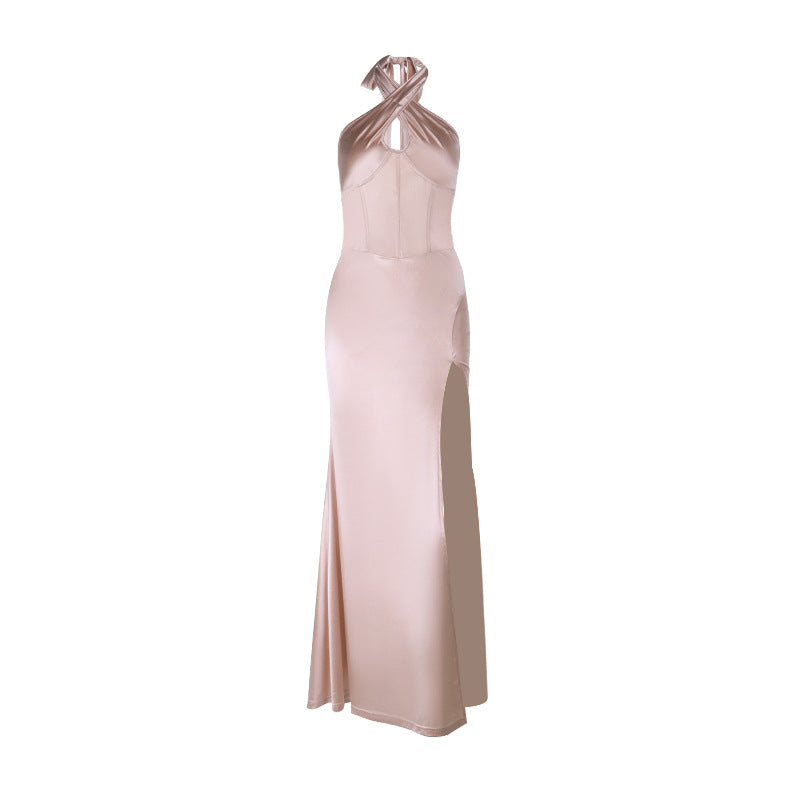 Glamorous Blush Satin Halter Maxi Dress | Corset Bodice & High Slit | Perfect for Holiday Parties & NYE
