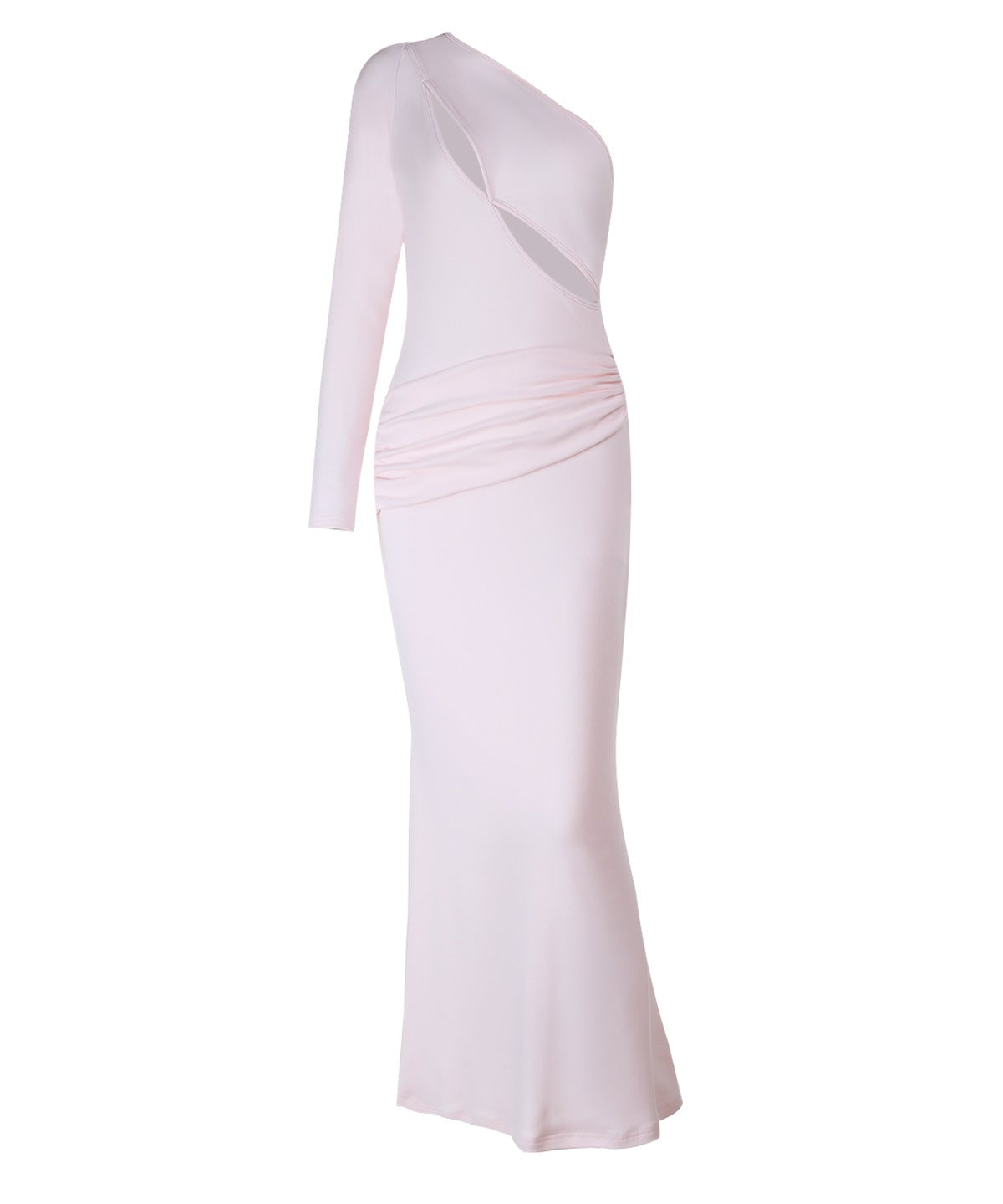 Elegant Blush One-Shoulder Ruched Maxi Dress with Chic Cutout - Holiday Glamour