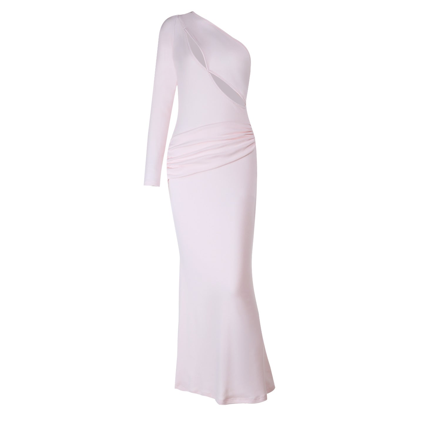 Elegant Blush One-Shoulder Ruched Maxi Dress with Chic Cutout - Holiday Glamour