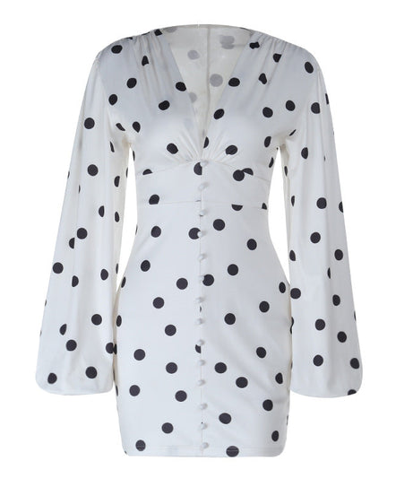 Retro Chic Polka Dot Mini Dress | V-Neck Long Sleeve Button-Front for Effortless Fall Style