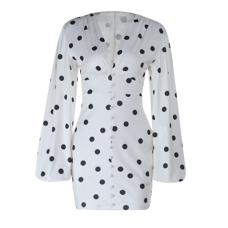 Retro Chic Polka Dot Mini Dress | V-Neck Long Sleeve Button-Front for Effortless Fall Style