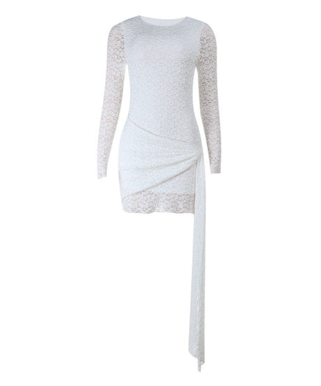 Dazzling White Long Sleeve Ruched Mini Dress with Asymmetrical Drape - Your Holiday Party & NYE Statement Piece!