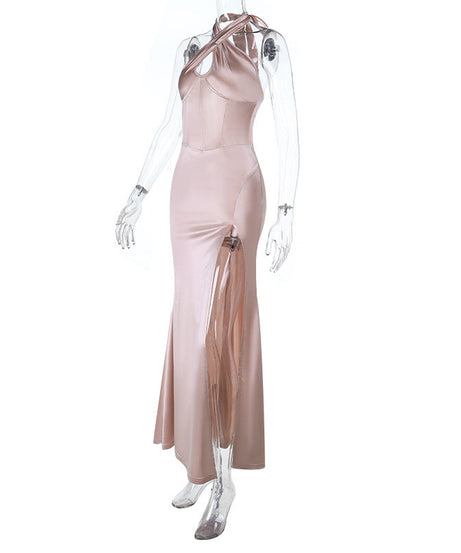 Glamorous Blush Satin Halter Maxi Dress | Corset Bodice & High Slit | Perfect for Holiday Parties & NYE