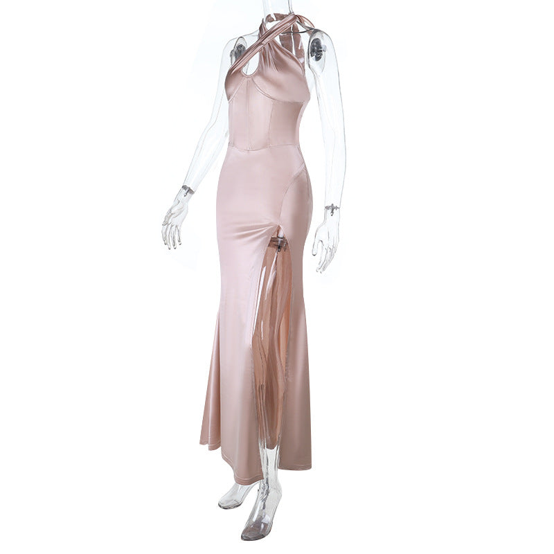 Glamorous Blush Satin Halter Maxi Dress | Corset Bodice & High Slit | Perfect for Holiday Parties & NYE