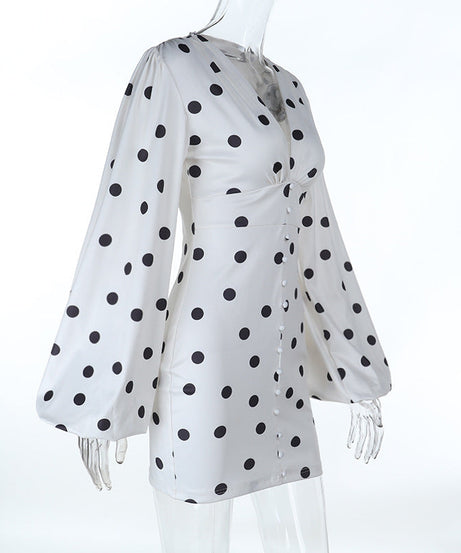 Retro Chic Polka Dot Mini Dress | V-Neck Long Sleeve Button-Front for Effortless Fall Style