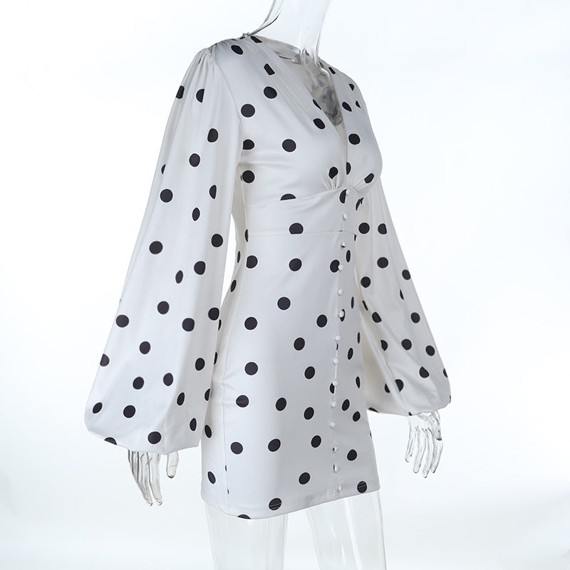 Retro Chic Polka Dot Mini Dress | V-Neck Long Sleeve Button-Front for Effortless Fall Style