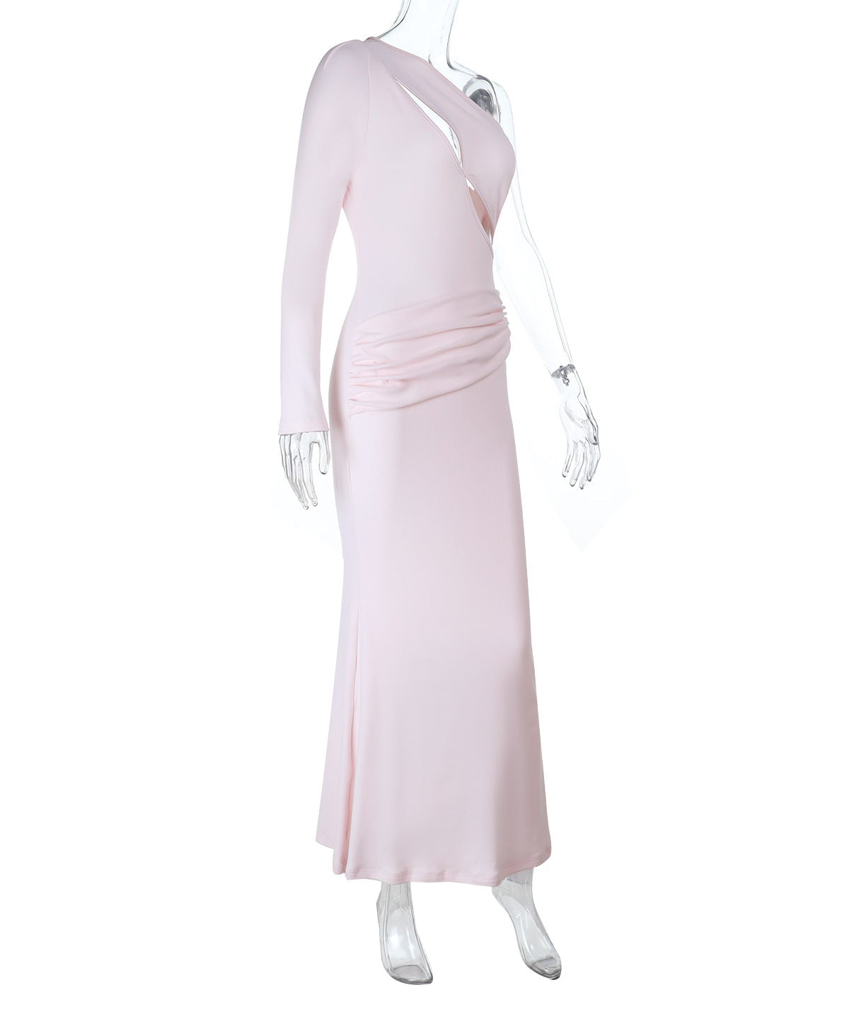 Elegant Blush One-Shoulder Ruched Maxi Dress with Chic Cutout - Holiday Glamour