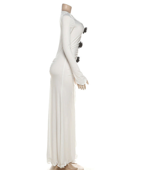 Gothic Chic Winter White Maxi Dress - Elegant Ruched Long Sleeve with High Slit & Floral Appliques for Holiday Parties