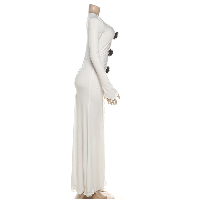Gothic Chic Winter White Maxi Dress - Elegant Ruched Long Sleeve with High Slit & Floral Appliques for Holiday Parties
