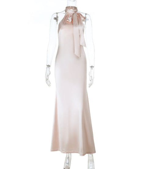 Radiant Blush Satin Halter Maxi Gown with Chic Bow Tie - Elegant Open Back for Holiday Galas & Weddings