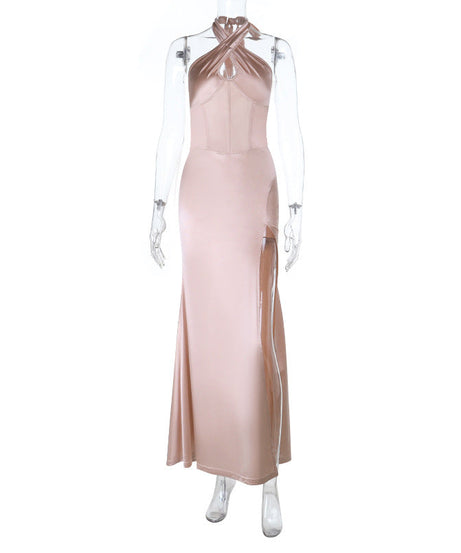 Glamorous Blush Satin Halter Maxi Dress | Corset Bodice & High Slit | Perfect for Holiday Parties & NYE