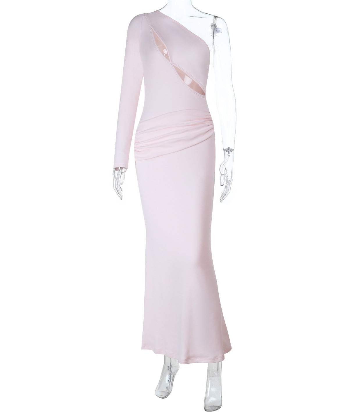 Elegant Blush One-Shoulder Ruched Maxi Dress with Chic Cutout - Holiday Glamour