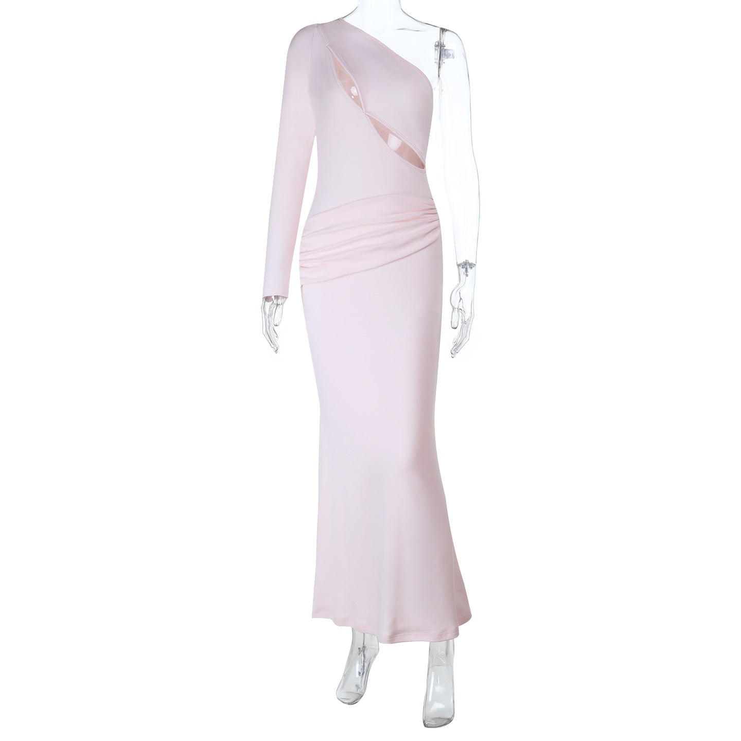 Elegant Blush One-Shoulder Ruched Maxi Dress with Chic Cutout - Holiday Glamour