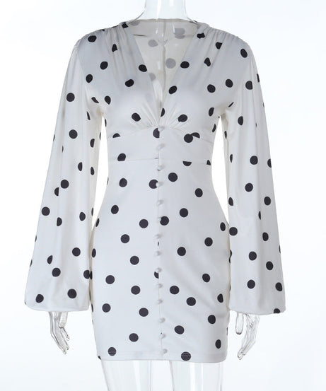 Retro Chic Polka Dot Mini Dress | V-Neck Long Sleeve Button-Front for Effortless Fall Style