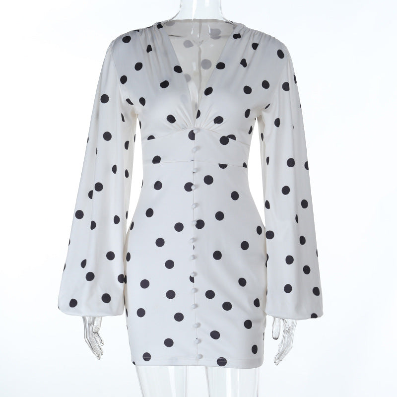 Retro Chic Polka Dot Mini Dress | V-Neck Long Sleeve Button-Front for Effortless Fall Style