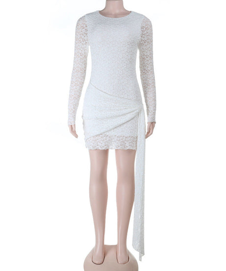Dazzling White Long Sleeve Ruched Mini Dress with Asymmetrical Drape - Your Holiday Party & NYE Statement Piece!