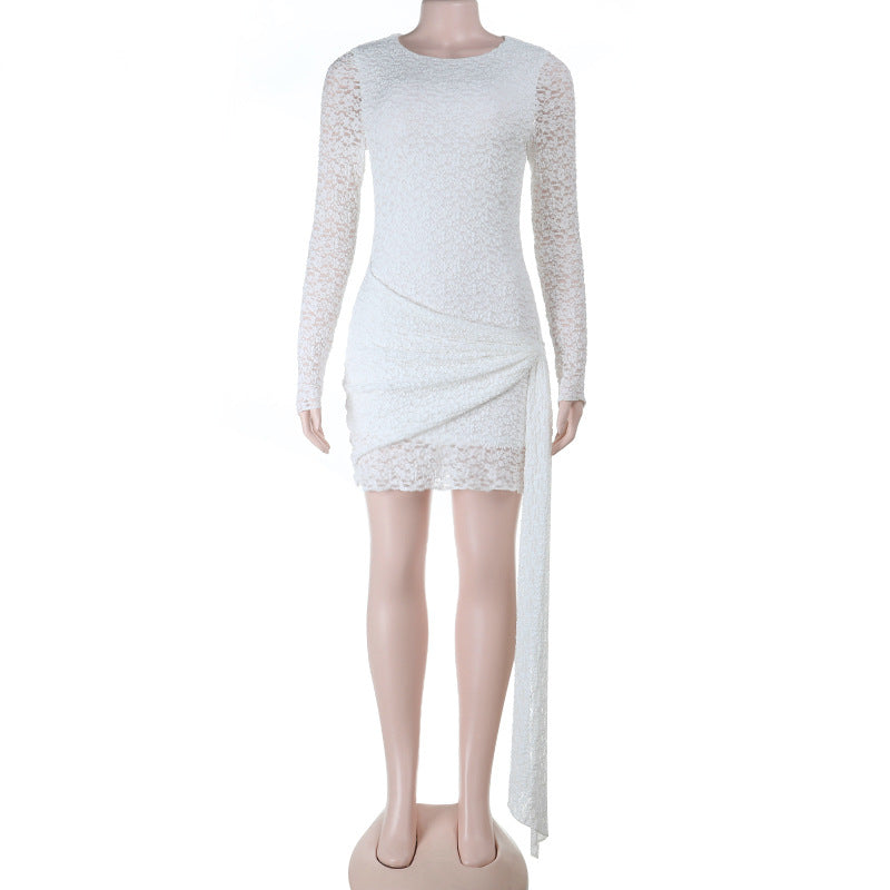 Dazzling White Long Sleeve Ruched Mini Dress with Asymmetrical Drape - Your Holiday Party & NYE Statement Piece!