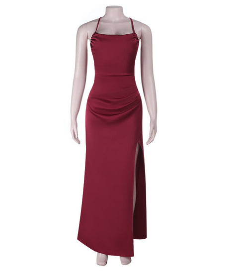 Elegant Wine Red Satin Maxi Dress | High Slit & Criss-Cross Back - Holiday & Evening Glamour