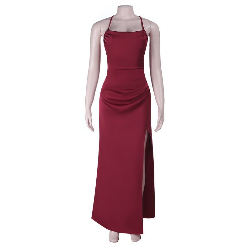 Elegant Wine Red Satin Maxi Dress | High Slit & Criss-Cross Back - Holiday & Evening Glamour