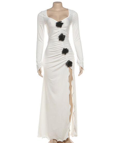 Gothic Chic Winter White Maxi Dress - Elegant Ruched Long Sleeve with High Slit & Floral Appliques for Holiday Parties