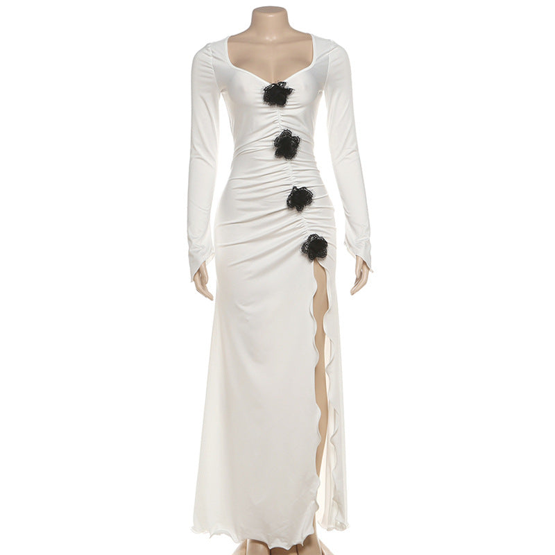 Gothic Chic Winter White Maxi Dress - Elegant Ruched Long Sleeve with High Slit & Floral Appliques for Holiday Parties