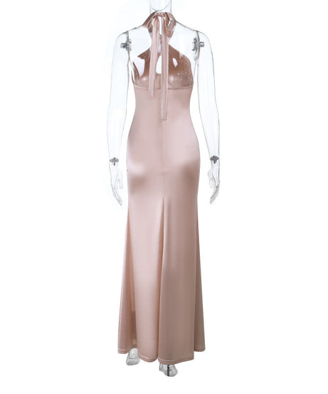 Glamorous Blush Satin Halter Maxi Dress | Corset Bodice & High Slit | Perfect for Holiday Parties & NYE