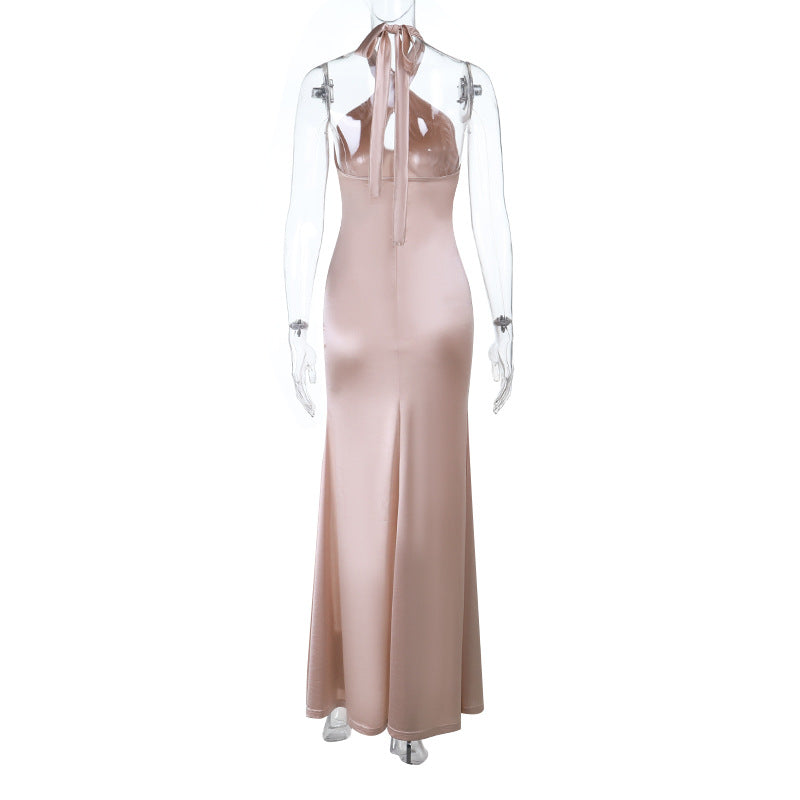 Glamorous Blush Satin Halter Maxi Dress | Corset Bodice & High Slit | Perfect for Holiday Parties & NYE