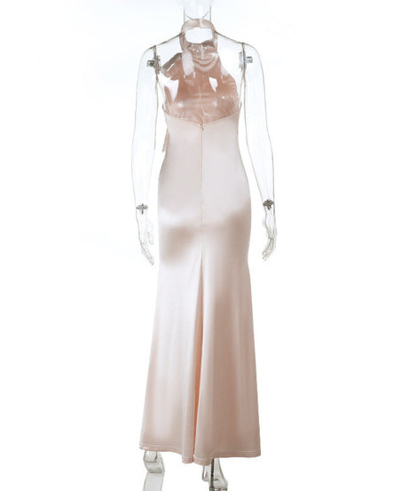 Radiant Blush Satin Halter Maxi Gown with Chic Bow Tie - Elegant Open Back for Holiday Galas & Weddings