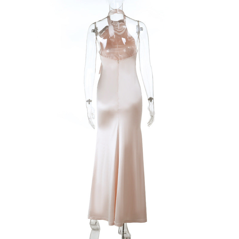 Radiant Blush Satin Halter Maxi Gown with Chic Bow Tie - Elegant Open Back for Holiday Galas & Weddings