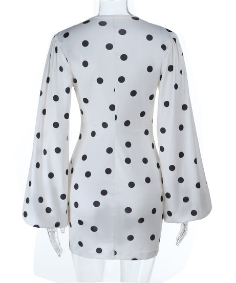 Retro Chic Polka Dot Mini Dress | V-Neck Long Sleeve Button-Front for Effortless Fall Style