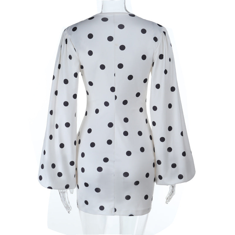 Retro Chic Polka Dot Mini Dress | V-Neck Long Sleeve Button-Front for Effortless Fall Style