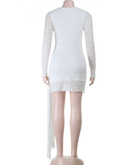 Dazzling White Long Sleeve Ruched Mini Dress with Asymmetrical Drape - Your Holiday Party & NYE Statement Piece!