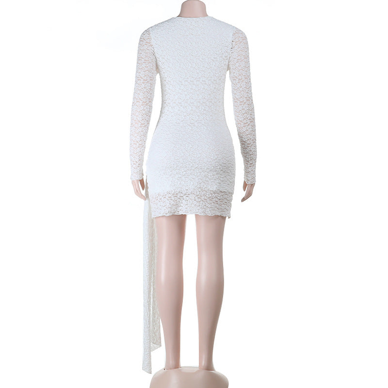 Dazzling White Long Sleeve Ruched Mini Dress with Asymmetrical Drape - Your Holiday Party & NYE Statement Piece!