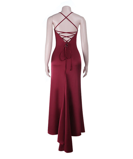 Elegant Wine Red Satin Maxi Dress | High Slit & Criss-Cross Back - Holiday & Evening Glamour