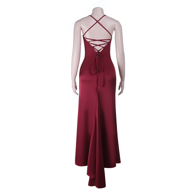 Elegant Wine Red Satin Maxi Dress | High Slit & Criss-Cross Back - Holiday & Evening Glamour