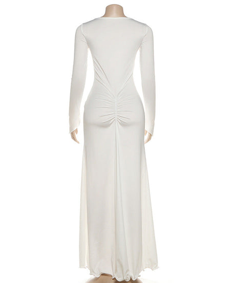 Gothic Chic Winter White Maxi Dress - Elegant Ruched Long Sleeve with High Slit & Floral Appliques for Holiday Parties