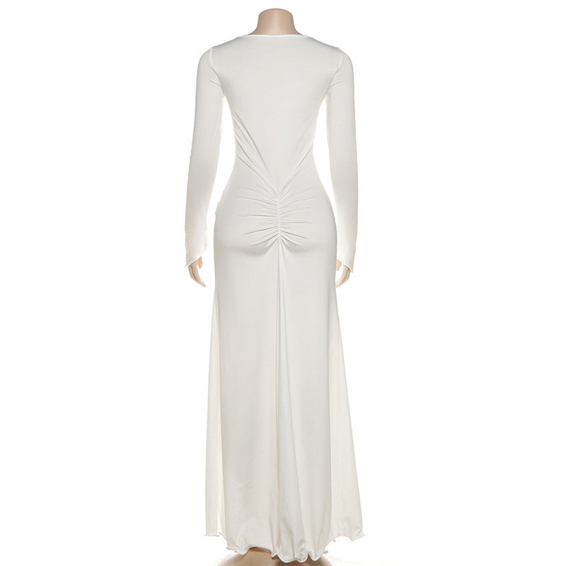 Gothic Chic Winter White Maxi Dress - Elegant Ruched Long Sleeve with High Slit & Floral Appliques for Holiday Parties