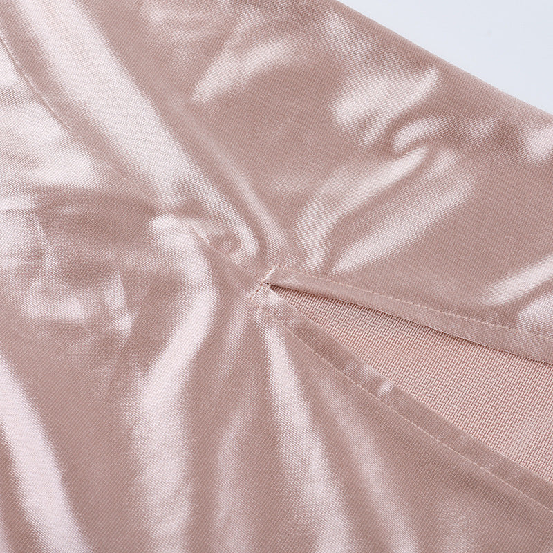 Glamorous Blush Satin Halter Maxi Dress | Corset Bodice & High Slit | Perfect for Holiday Parties & NYE