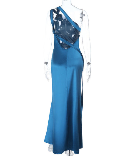 Glamorous Teal Satin One-Shoulder Maxi Dress | High Slit & Backless for Holiday & New Year's Eve