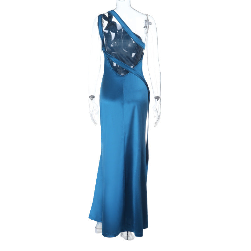 Glamorous Teal Satin One-Shoulder Maxi Dress | High Slit & Backless for Holiday & New Year's Eve