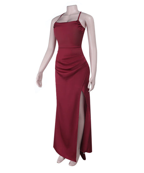 Elegant Wine Red Satin Maxi Dress | High Slit & Criss-Cross Back - Holiday & Evening Glamour
